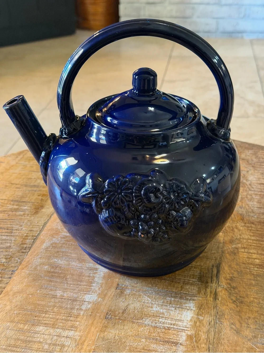 Made in Italy Cobalt Blue Ceramic Teapot Kettle Raised Fruit Floral Decor